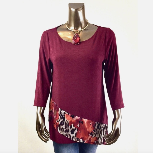 CHICO'S $80 NWT BURGUNDY MESH TRIM 3/4-SLV TUNIC SIZE 0 (S) - Picture 1 of 4